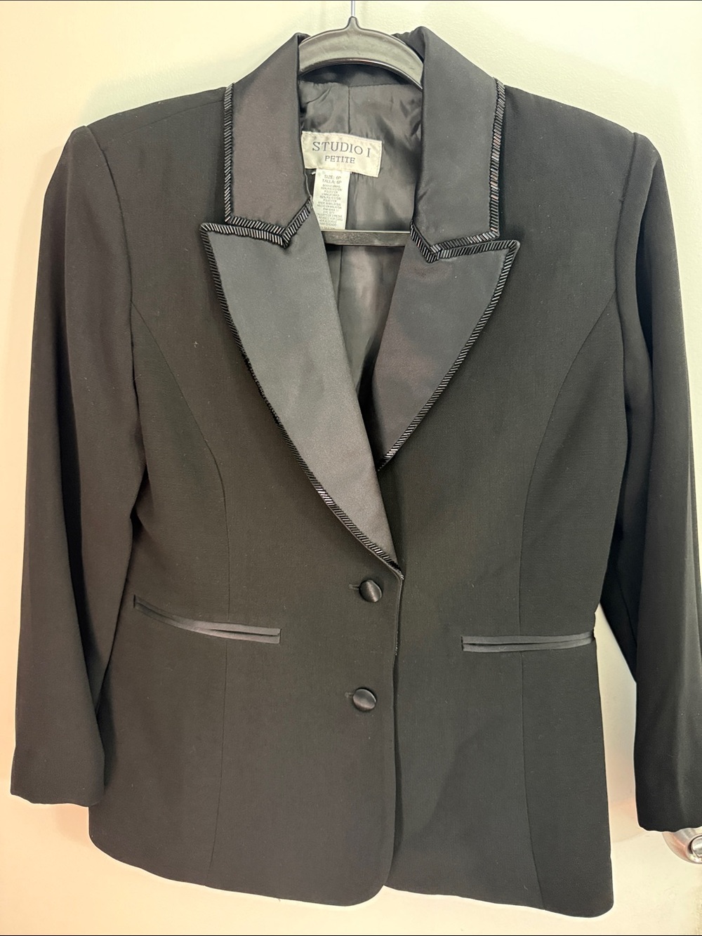 Studio I Black Petite Satin-Trim Tailored Blazer